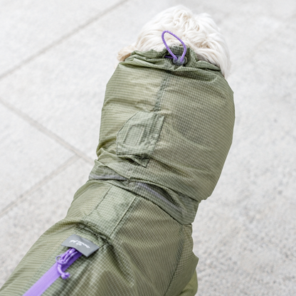 Rear close-up of the Mist Green LightShield raised neck, showing its purple adjustment loop, stitching and nylon grid texture.