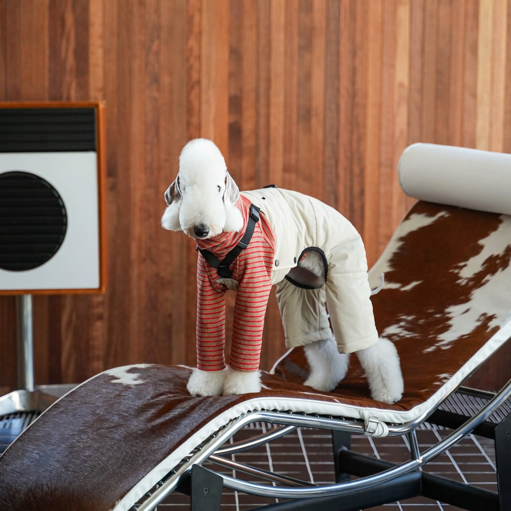 White dog wearing Beige Winter Workwear overalls with black straps and snap details on a lounge chair; striped top is a separate styling item.