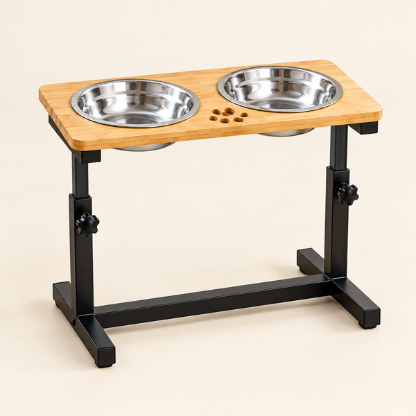 Adjustable Bamboo Double Dog Bowl Stand with Stainless Steel Bowls