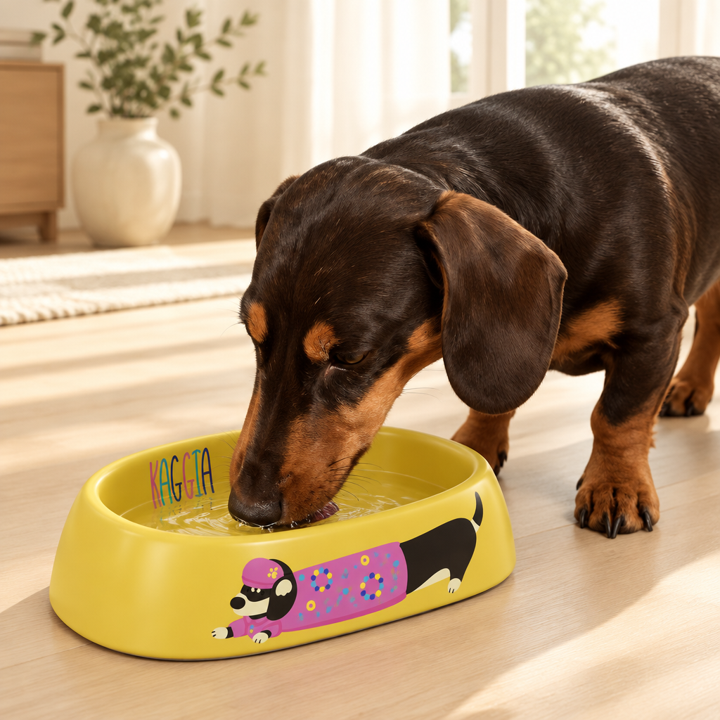 Dachshund drinking from yellow bowl
