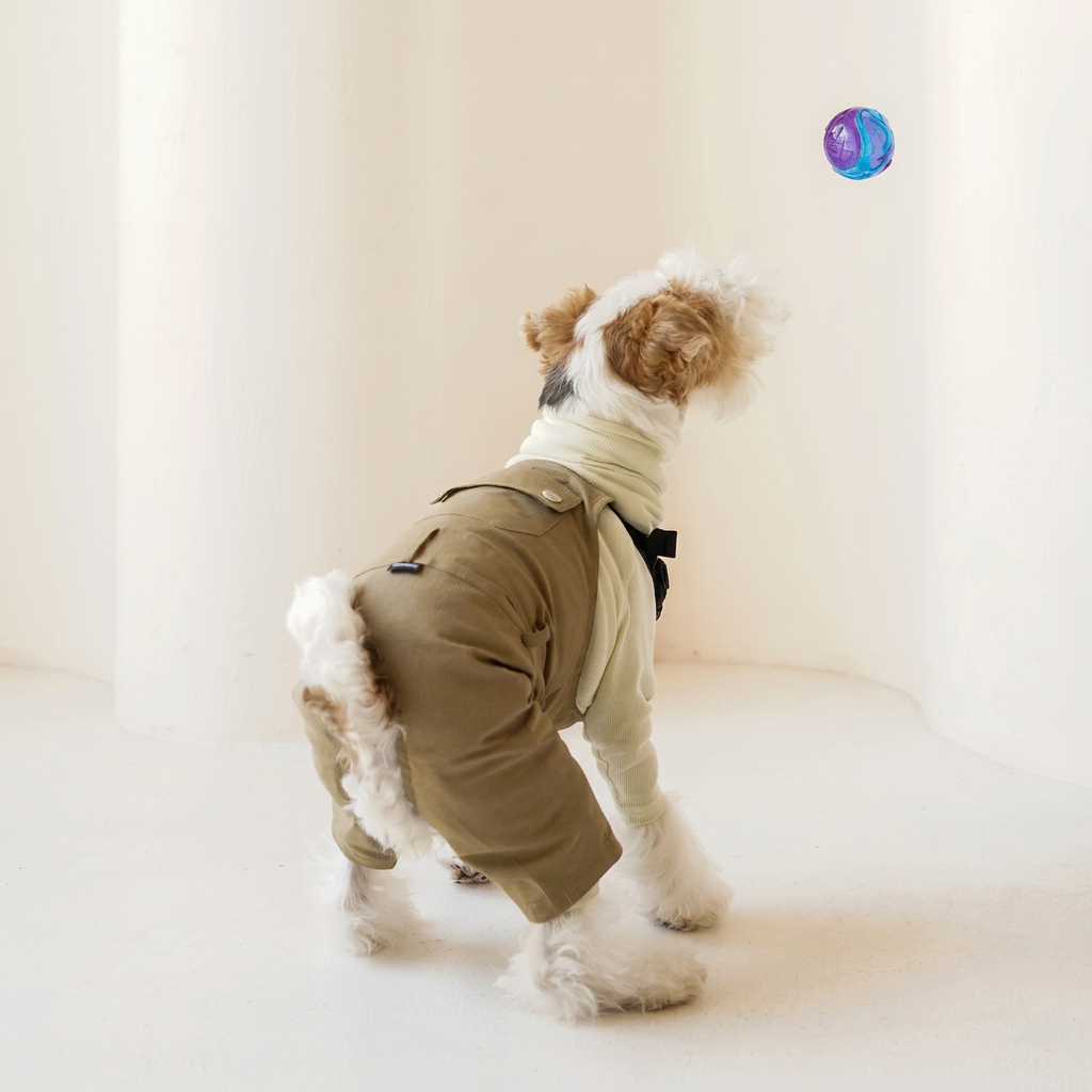 Terrier playing in Beige Urban Explorer overalls over a separate cream top, showing rear-leg coverage, button detail and sewn label.