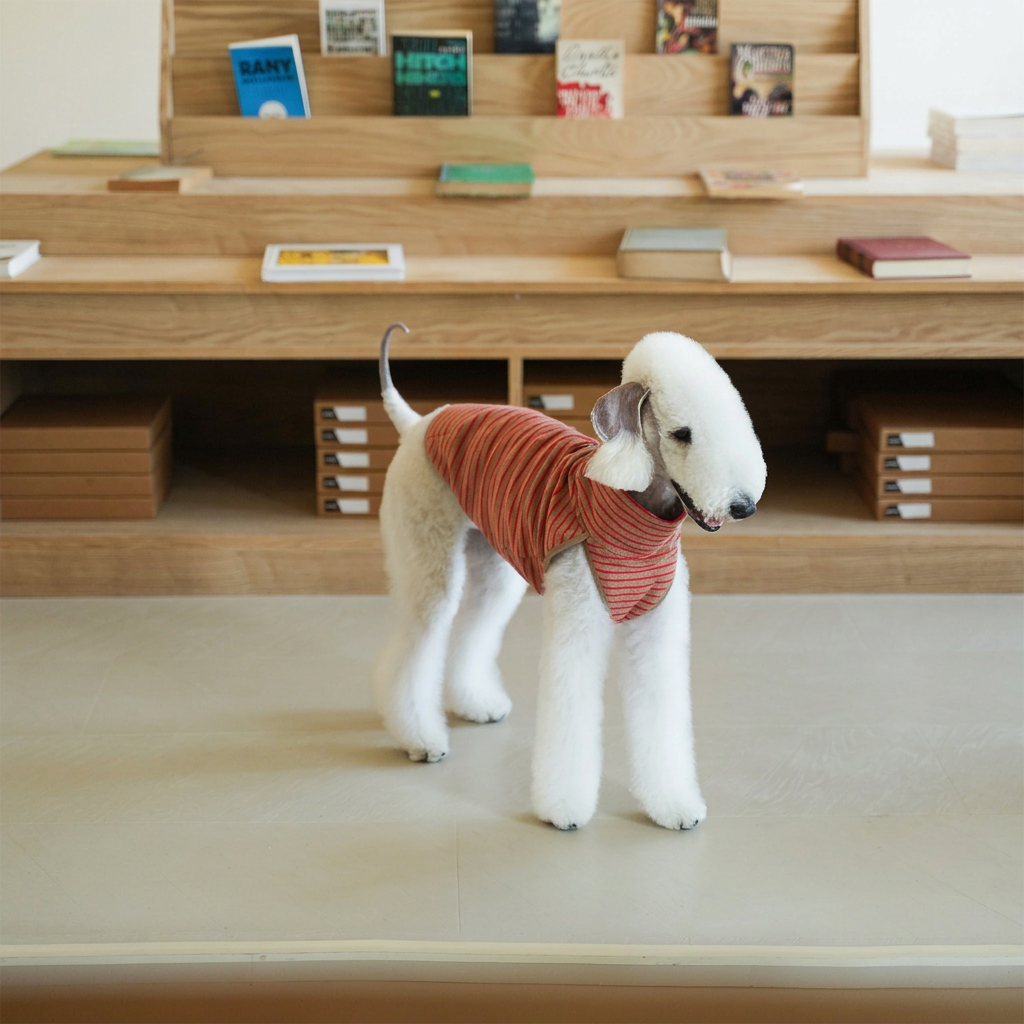White dog standing before wooden bookshelves in the brown Autumn Stripes sleeveless vest with red stripes, showing collar and body fit.