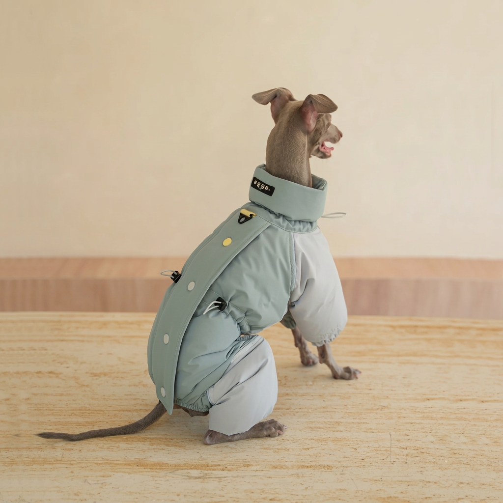 Seated grey dog wearing a sage Autumn Breeze suit, showing the back snap-button flap, adjustment cords and sewn collar label.