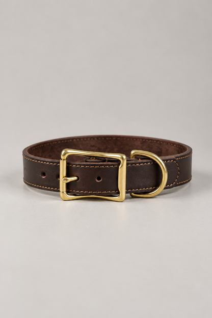 Hand-stitched leather dog collar in Dark Brown