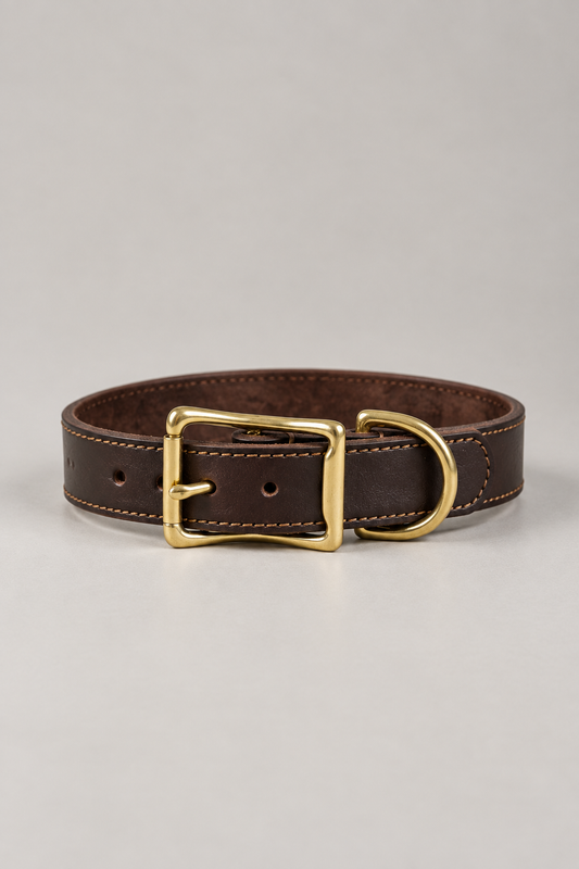 Hand-stitched leather dog collar in Dark Brown