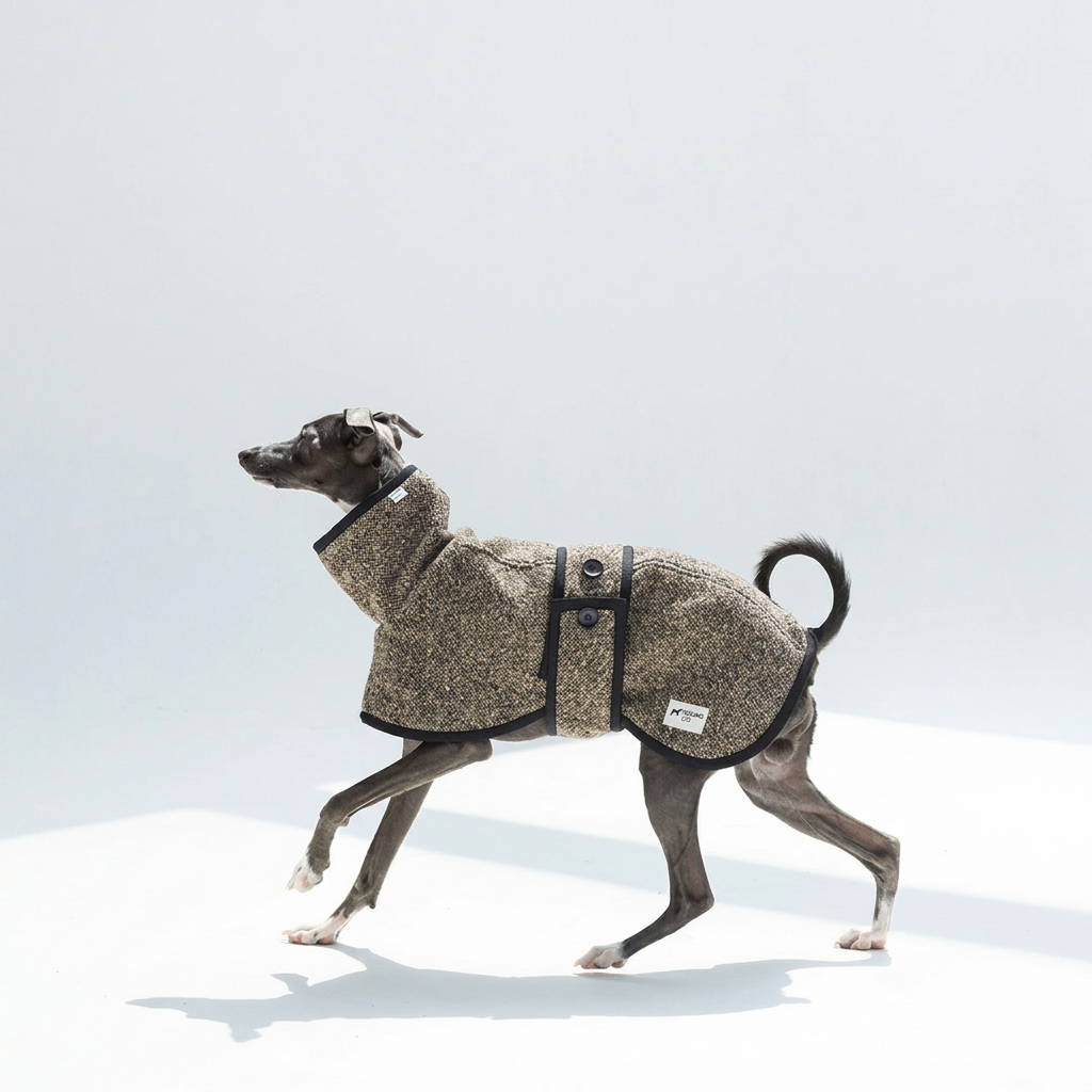 Grey dog walking in the Beige Metropolitan coat, showing brown-taupe flecked fabric, high collar, buttoned strap and sewn labels.