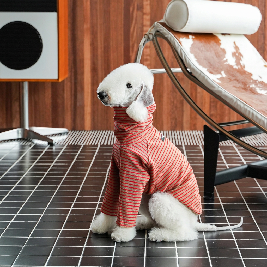 White dog seated beside a lounge chair wearing the long-sleeved brown and red-striped style, not the sleeveless vest offered in this listing.