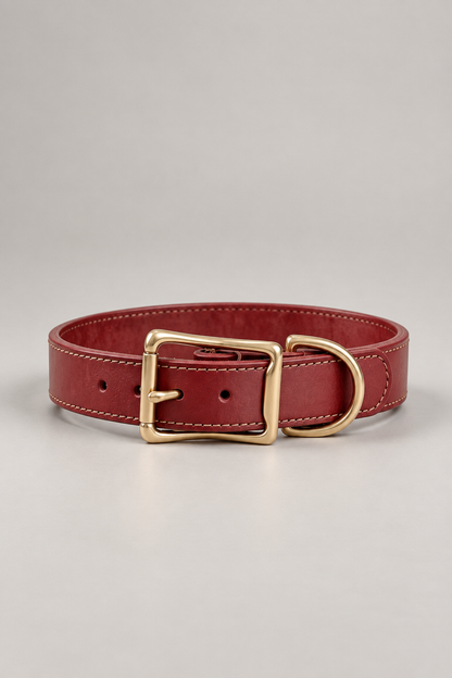 Hand-stitched leather dog collar in Red