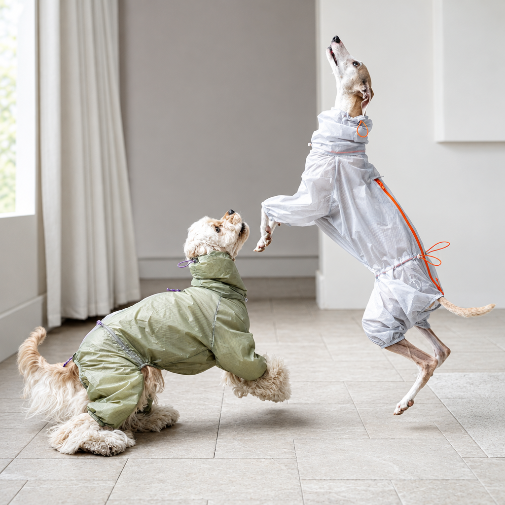 Spaniel in a Mist Green LightShield rain suit beside a jumping whippet in Cloud Grey with an orange back zip.