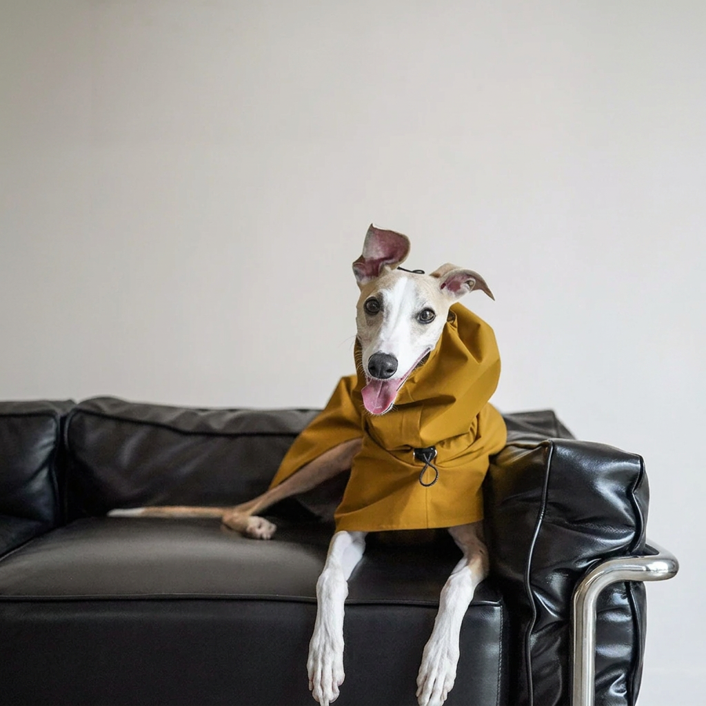 Dog facing the camera on a black leather sofa wearing the Bronze Quickwear raincoat, showing the extended collar and front adjustment cord.