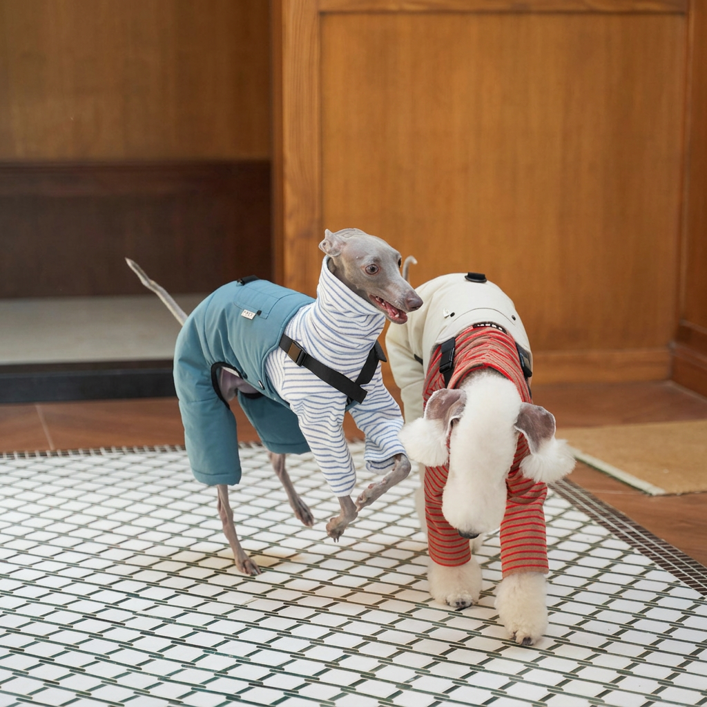 Two dogs wearing Blue and Beige Winter Workwear dog overalls with black straps, styled over separate striped tops on a tiled floor.
