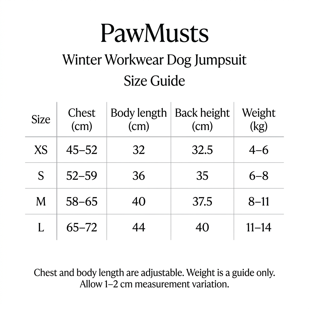 PawMusts Winter Workwear dog jumpsuit size chart XS–L with chest, body length and back height in cm and suggested weight in kg.