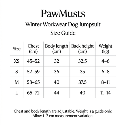 PawMusts Winter Workwear dog jumpsuit size chart XS–L with chest, body length and back height in cm and suggested weight in kg.