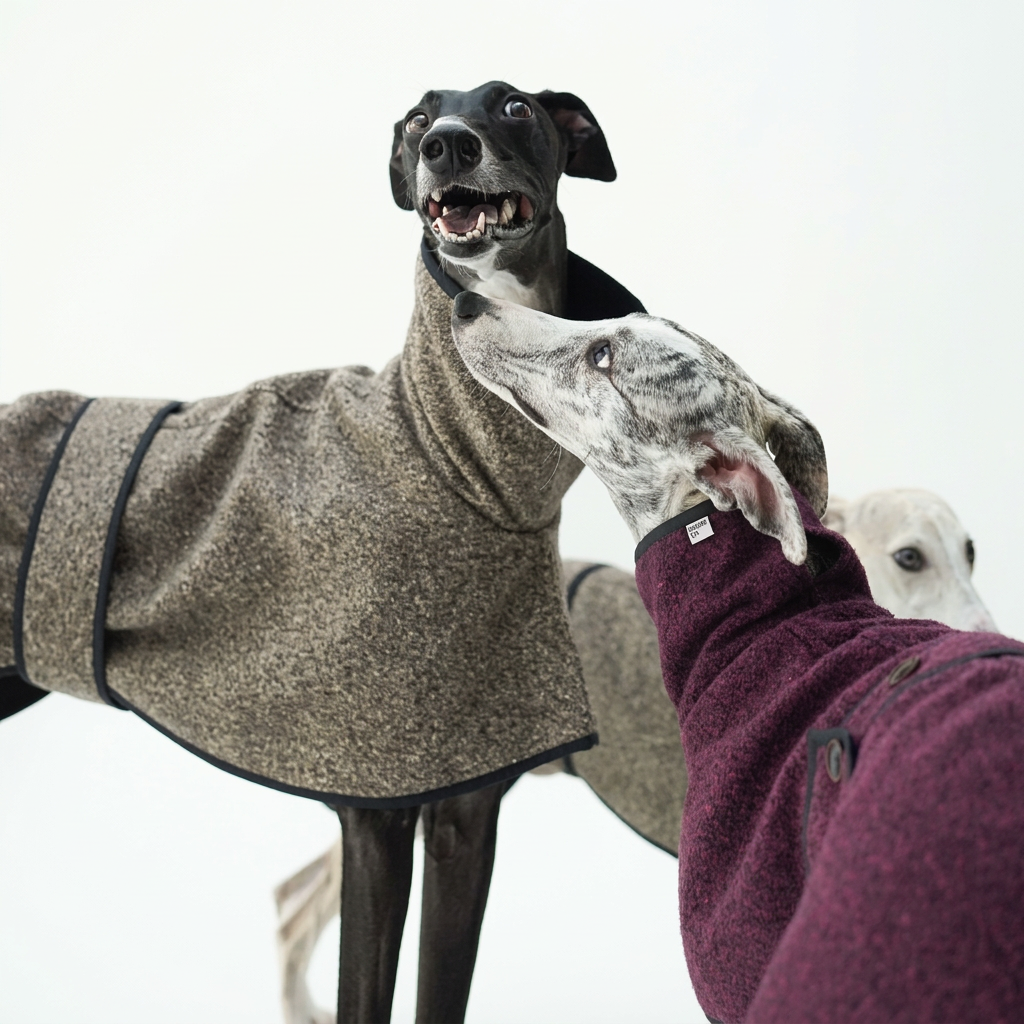 Three dogs wearing brown-taupe and plum Metropolitan coats, showing high collars, textured fabric and black trim.
