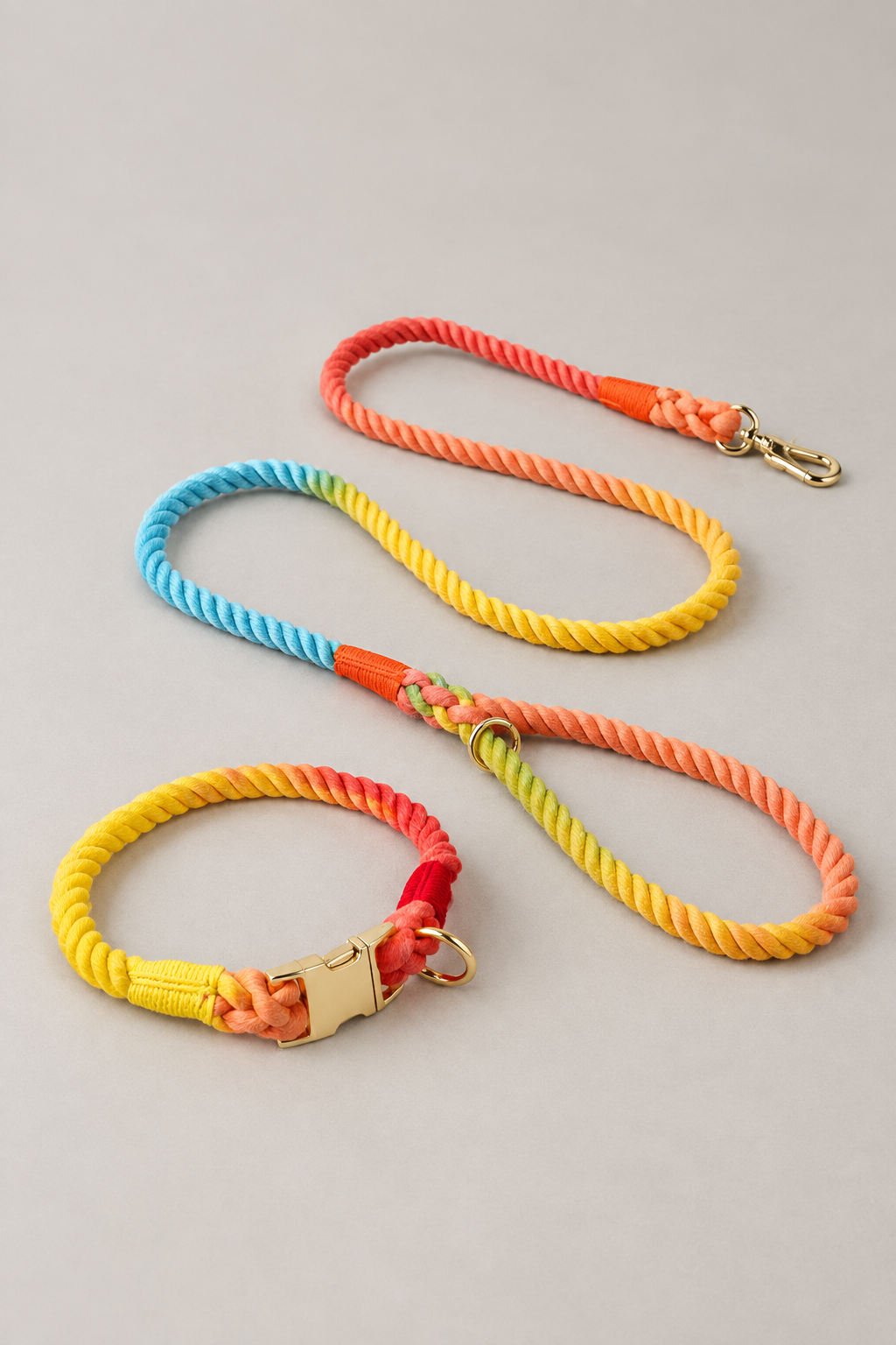 Handmade rope dog collar and lead in Rainbow