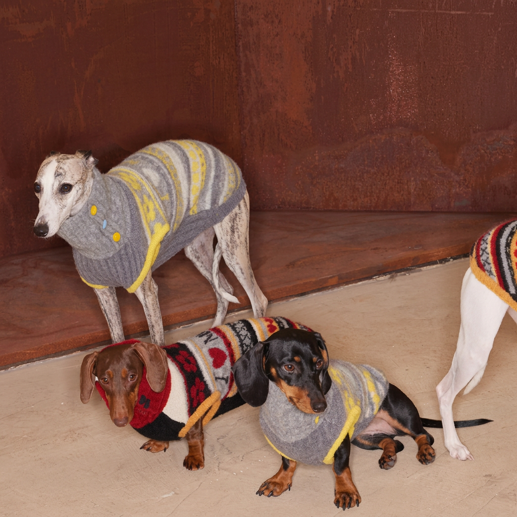 Dogs in Red and Yellow Love You, Mum knitted jumpers beside a wooden bench, showing ribbed collars and contrasting armhole trim.