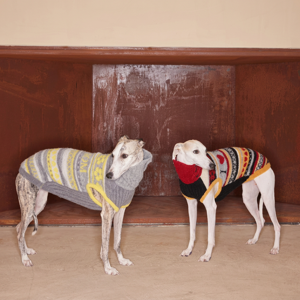 Two standing dogs wearing Red and Yellow Love You, Mum knitted jumpers, showing side fit, patterned backs and high ribbed collars.