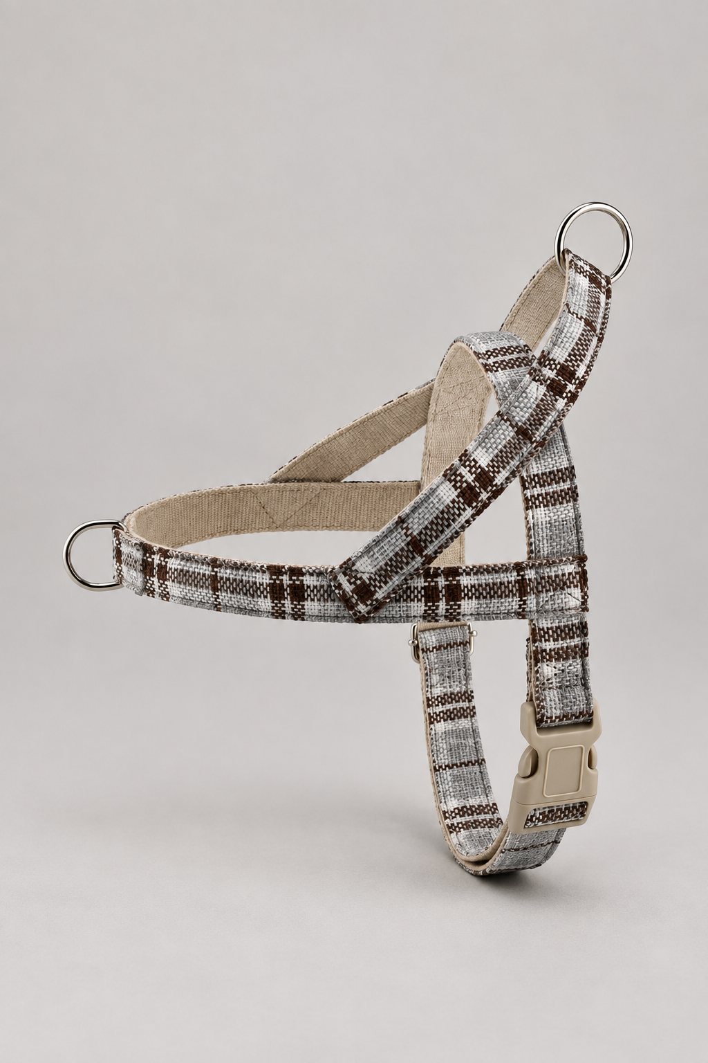 Linen dog harness in Brown Grey Check