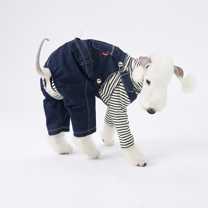 White dog wearing dark indigo denim overalls with white stitching, silver buttons and adjustable straps, styled over a separate black-and-white striped top.