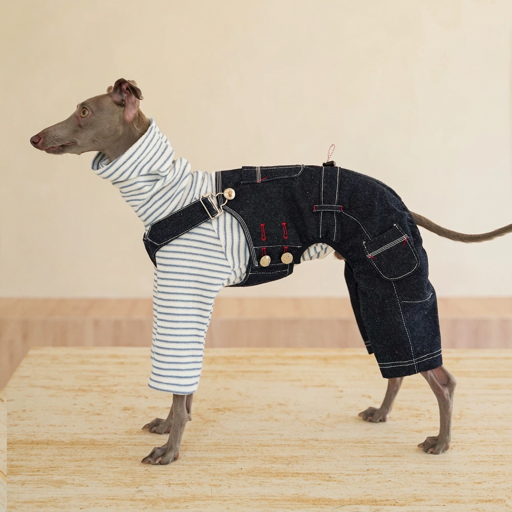 Side view of a grey dog in dark indigo denim overalls with silver buttons, white stitching and rear-leg coverage, worn over a separate striped top.
