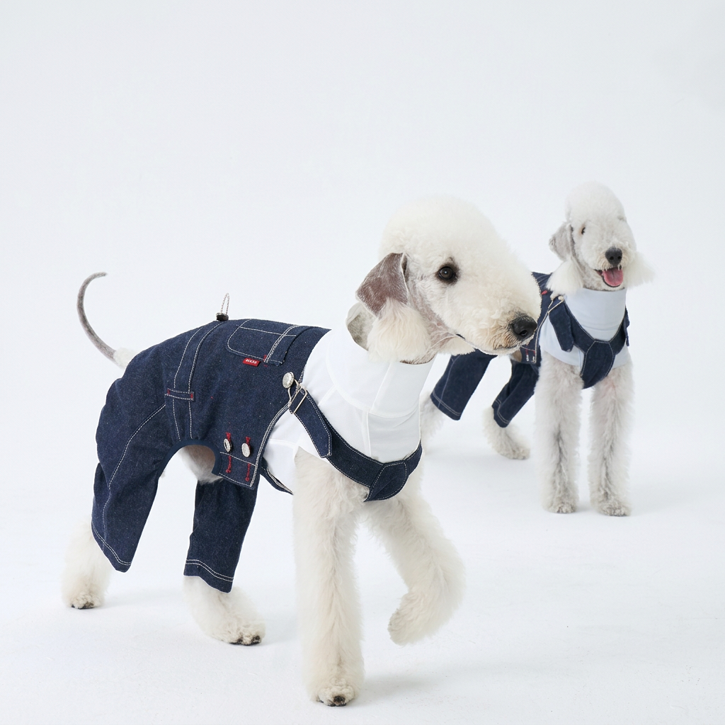 Two white dogs wearing dark indigo denim overalls over separate white tops in a white studio, showing front straps and rear-leg coverage.
