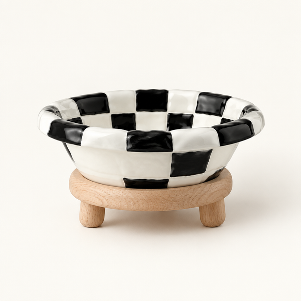 Checkerboard Pet Bowl with Oak Stand – Black, Blue or Green, Single or Double Raised Stand