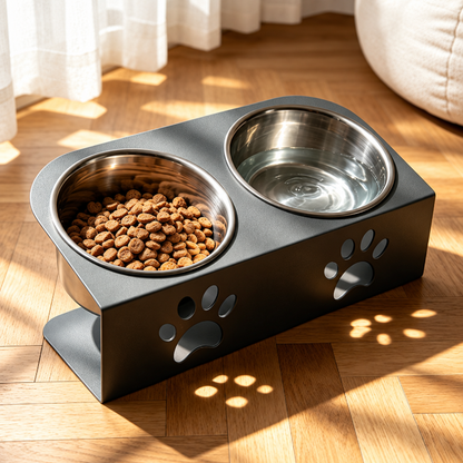 Black raised double pet bowl stand with stainless steel bowls
