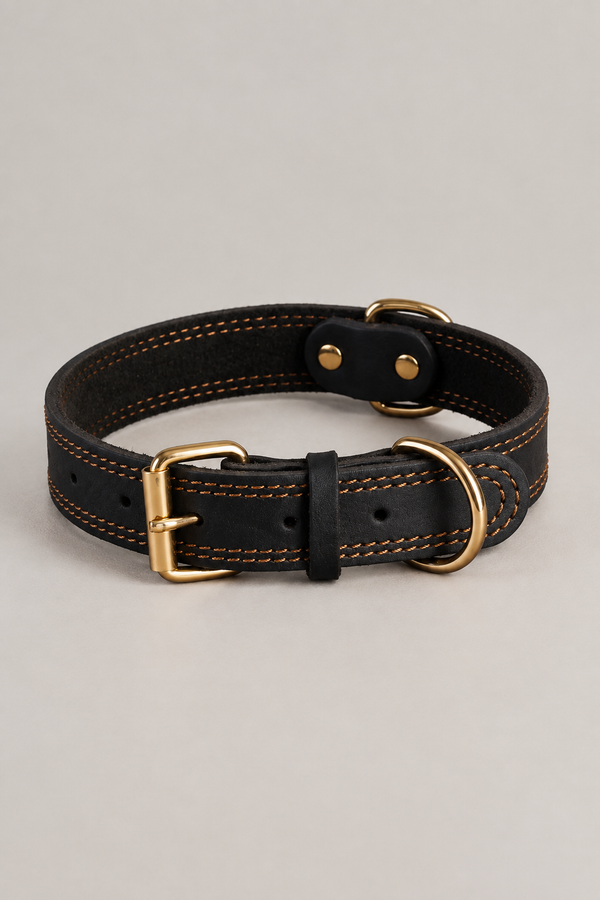 Double-Stitched Leather Dog Collar with Brass Buckle – Black or Brown