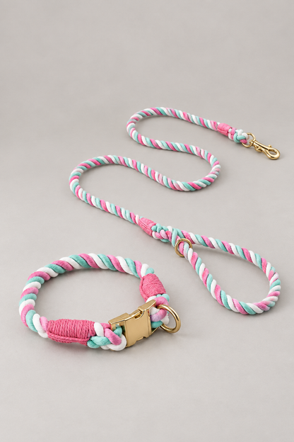 Handmade rope dog collar and lead in Pink Mint Stripe