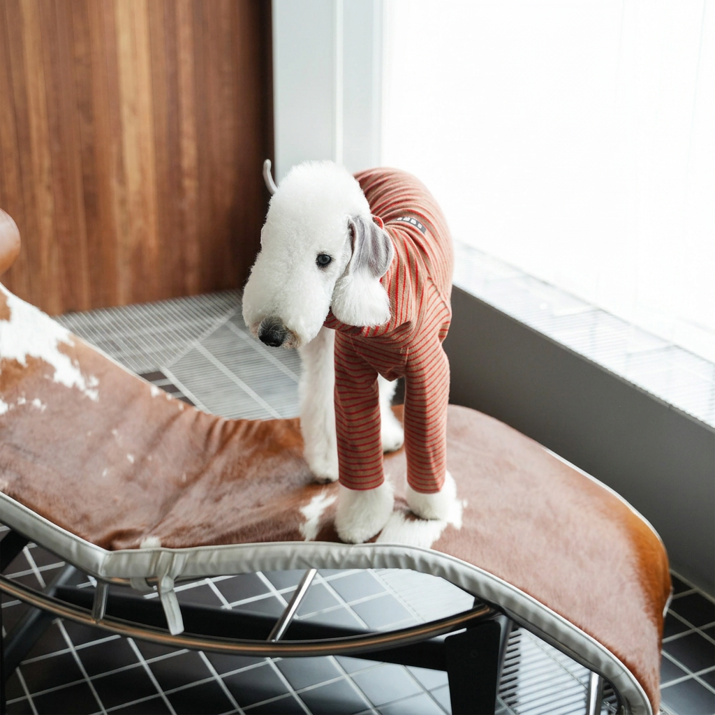 White dog on a lounge chair in the brown and red-striped long-sleeved Autumn Stripes style, distinct from the vest options currently listed.