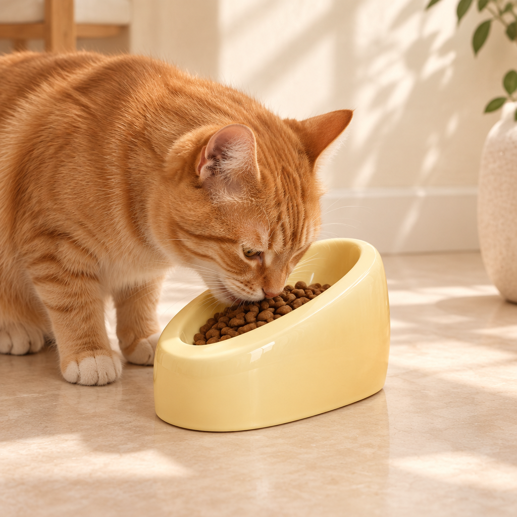 Ginger cat with yellow bowl