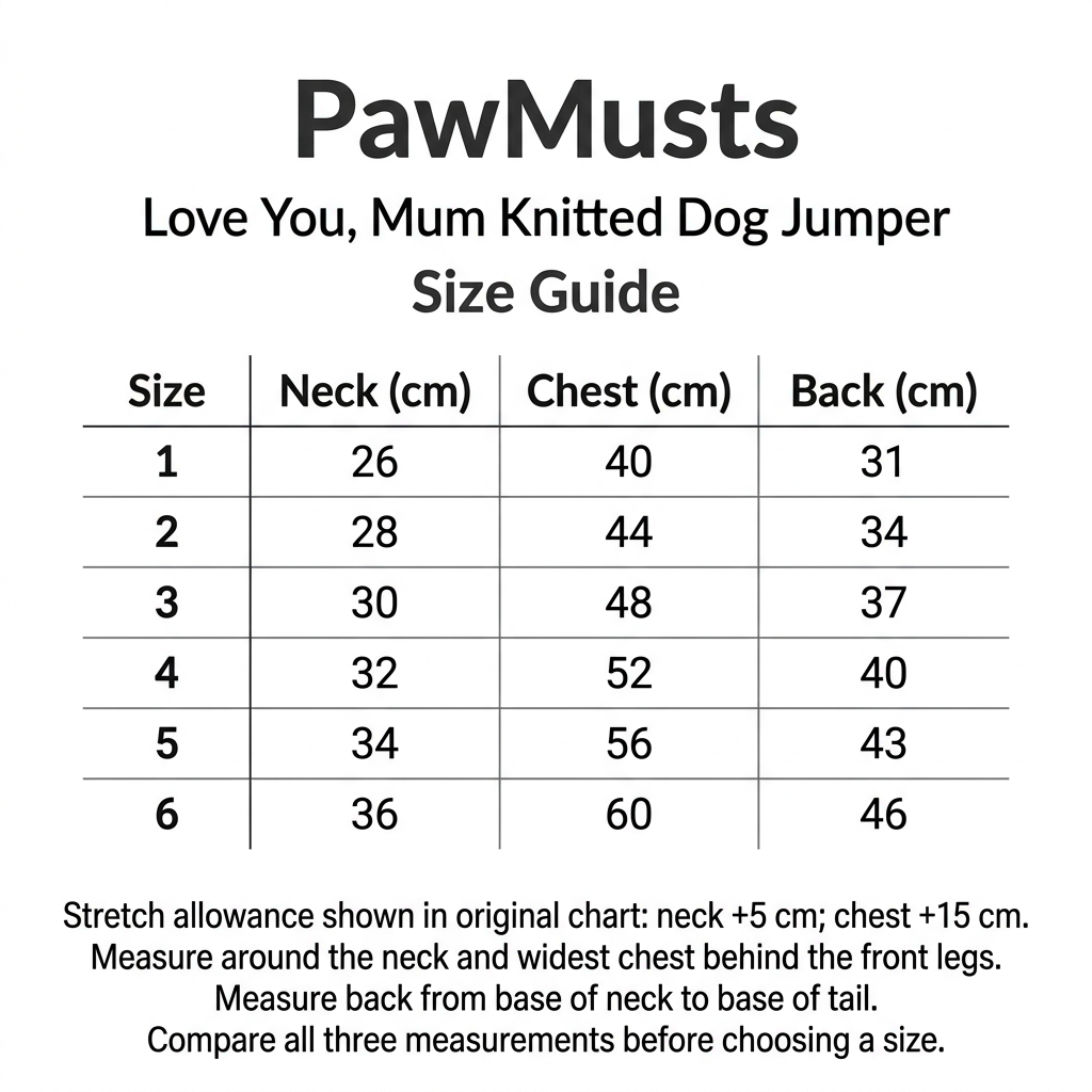 PawMusts Love You, Mum knitted dog jumper size chart for sizes 1–6, with neck, chest and back measurements in cm; original chart notes neck stretch +5 cm and chest stretch +15 cm.