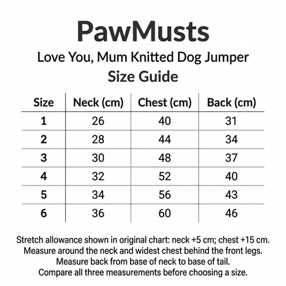 PawMusts Love You, Mum knitted dog jumper size chart for sizes 1–6, with neck, chest and back measurements in cm; original chart notes neck stretch +5 cm and chest stretch +15 cm.