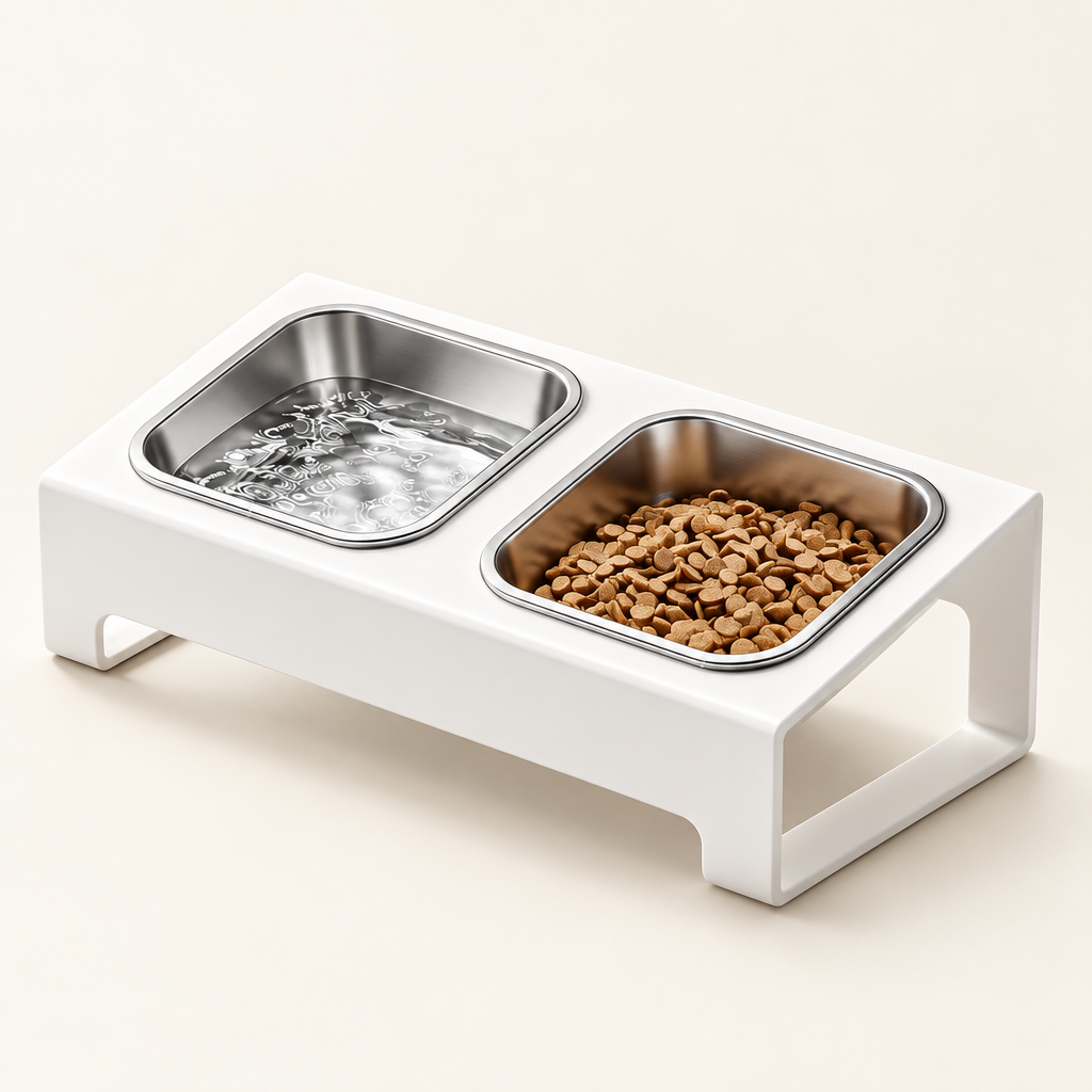 White raised double feeder with square stainless steel bowls on an off-white background