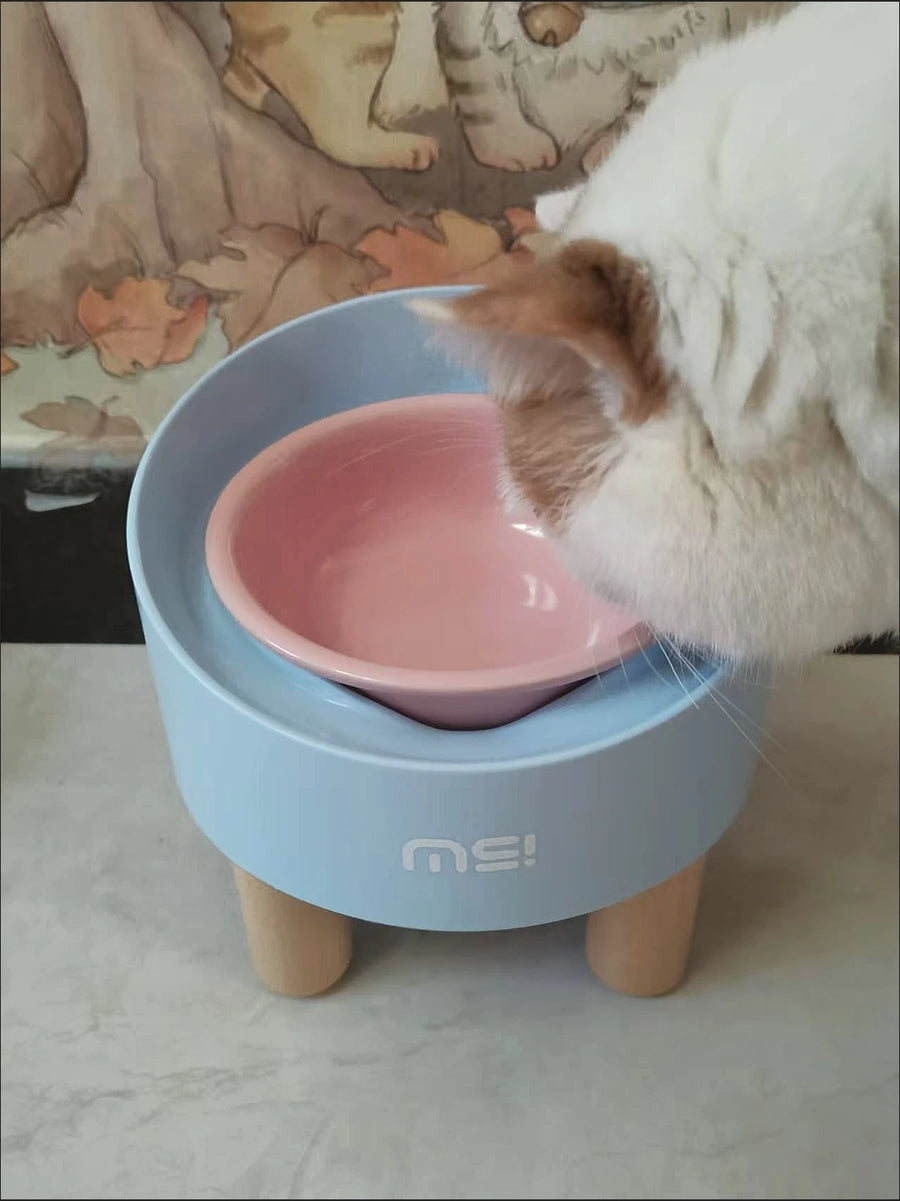 Tilted Raised Ceramic Cat Bowl - Angled Pet Bowl on a Footed Stand for Cats and Small Dogs, Pastel Colours