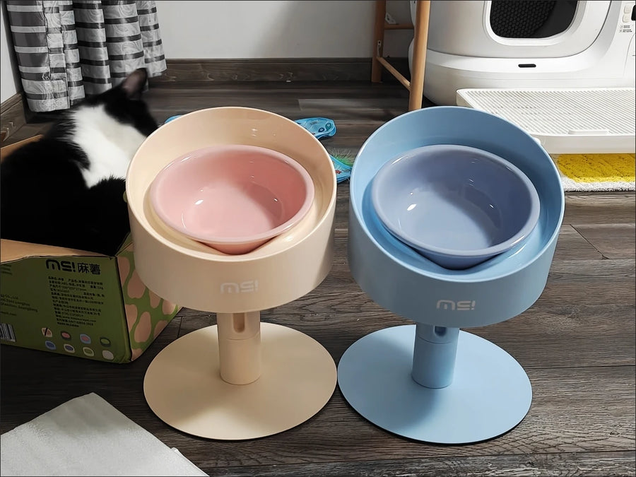 Sunflower Ceramic Pet Bowl - Height-Adjustable Raised Stand for Cats and Small Dogs, Pastel Colours
