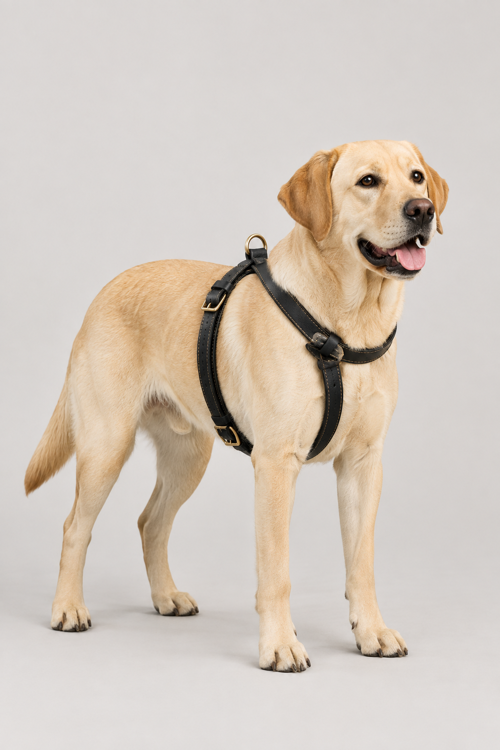 Labrador wearing the black leather harness in our grey studio