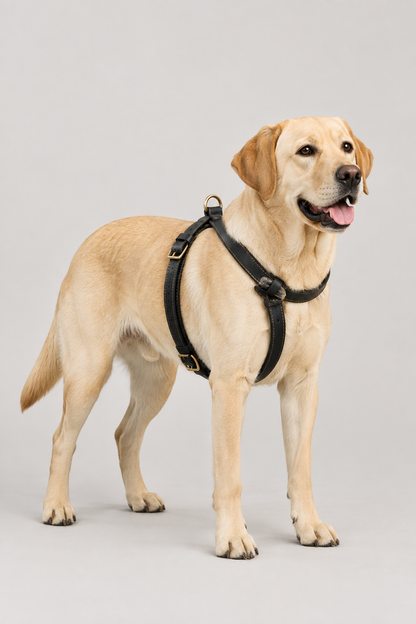 Labrador wearing the black leather harness in our grey studio