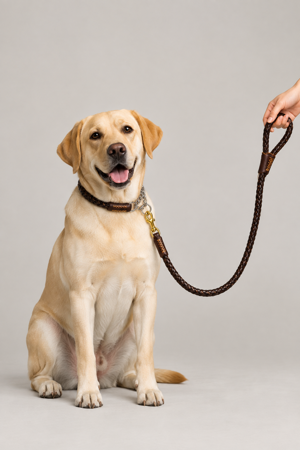 Labrador wearing the brown braided collar and lead set