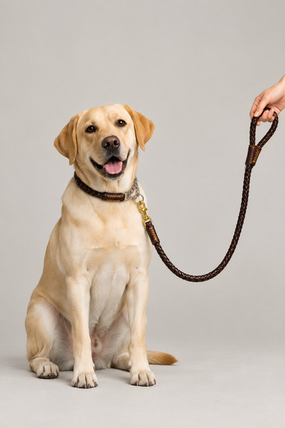Labrador wearing the brown braided collar and lead set
