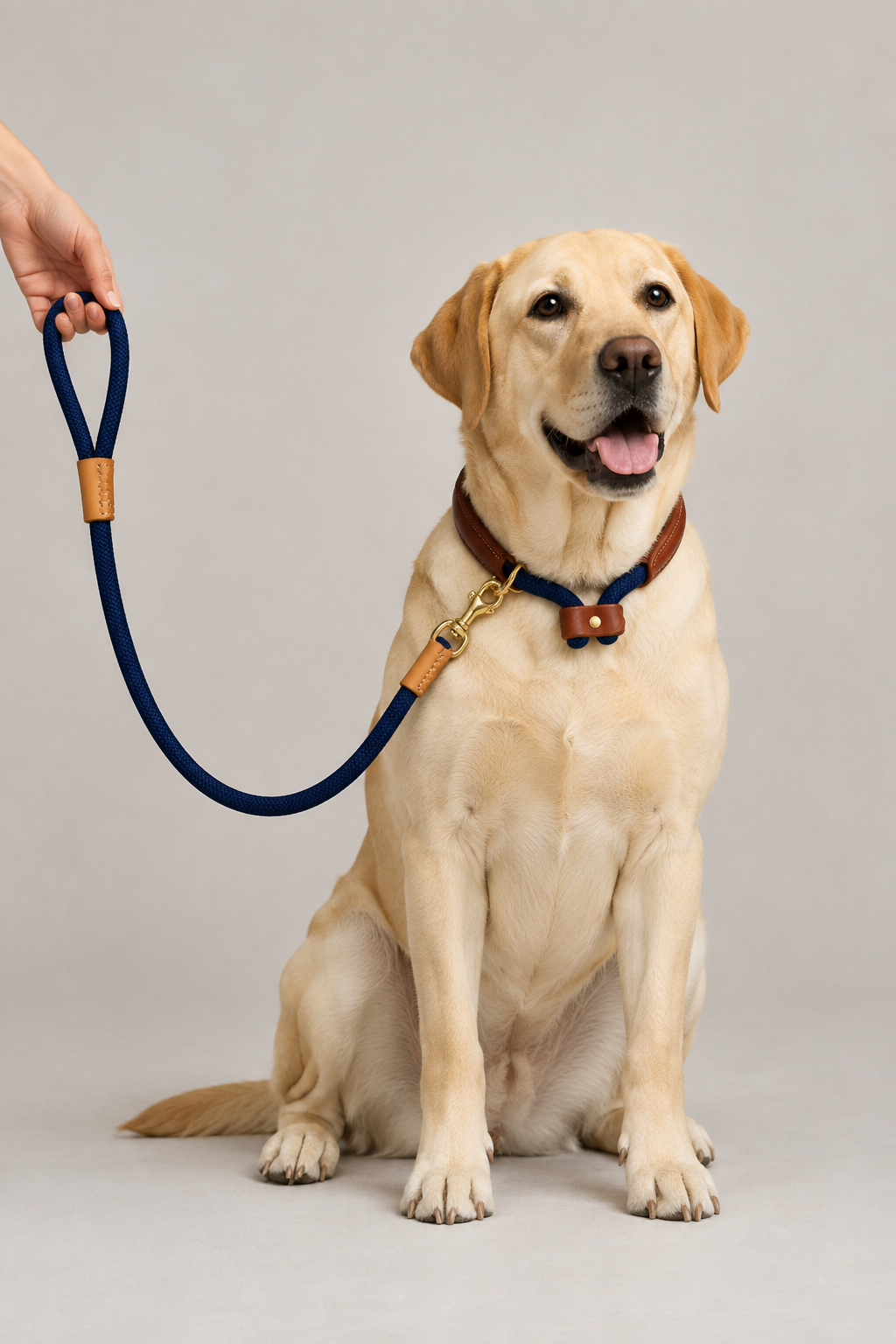 Labrador wearing the navy rope and leather collar and lead set