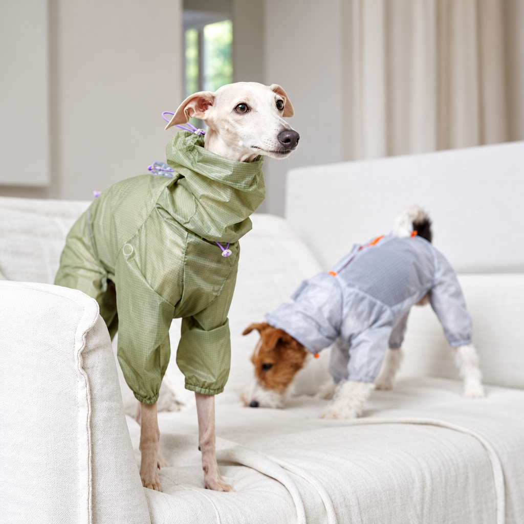 LightShield green rain suit sofa view