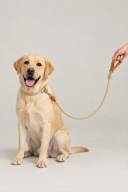 One dog on the beige single lead in our grey studio
