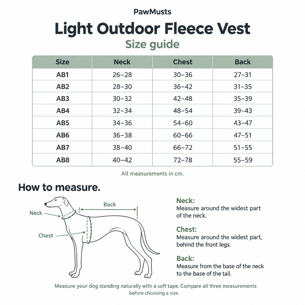 PawMusts Light Outdoor Fleece Vest size guide