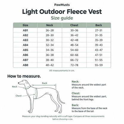 PawMusts Light Outdoor Fleece Vest size guide