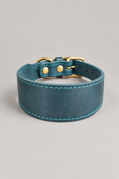 Leather sighthound collar in Peacock Blue