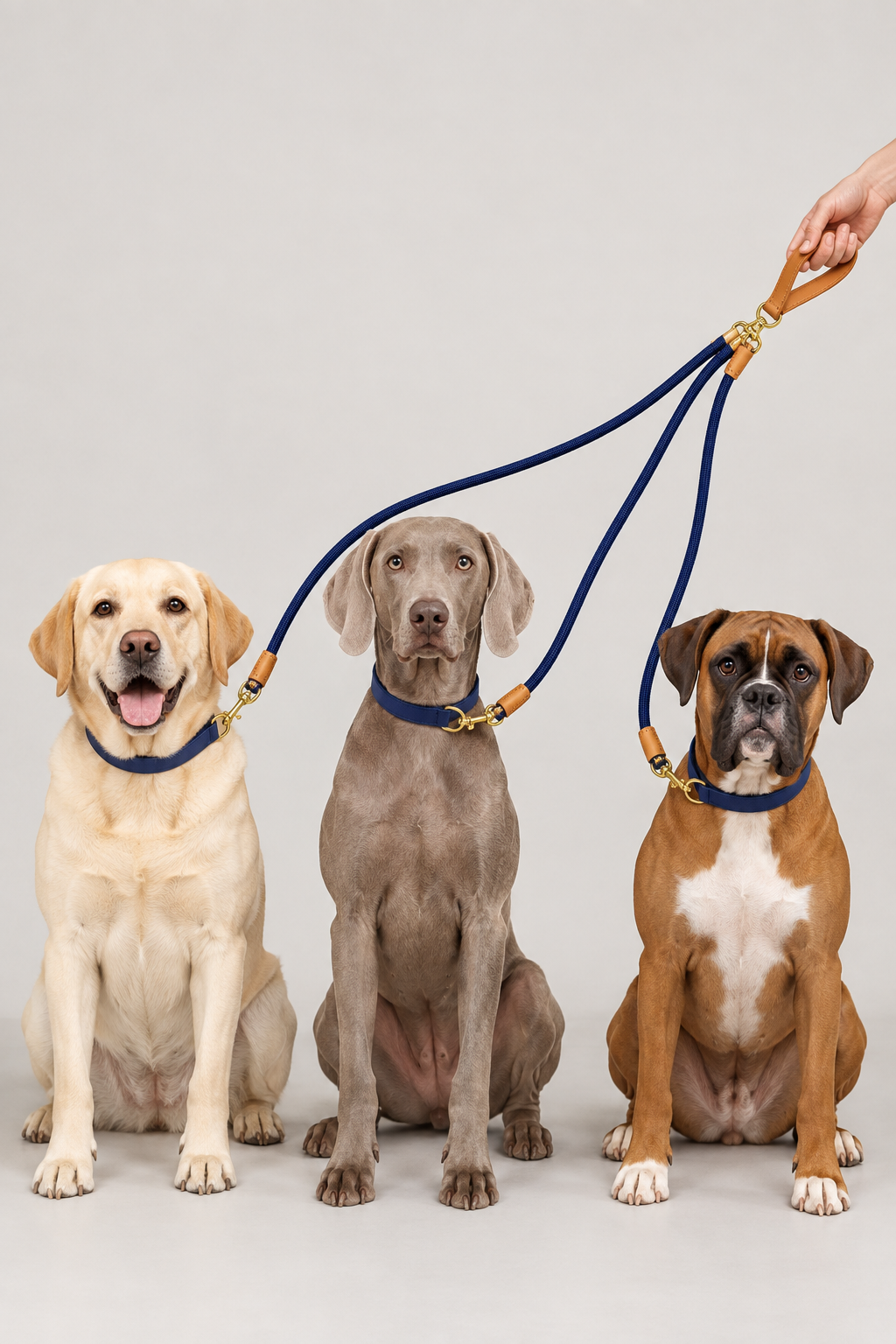 Three dogs on the navy triple lead in our grey studio
