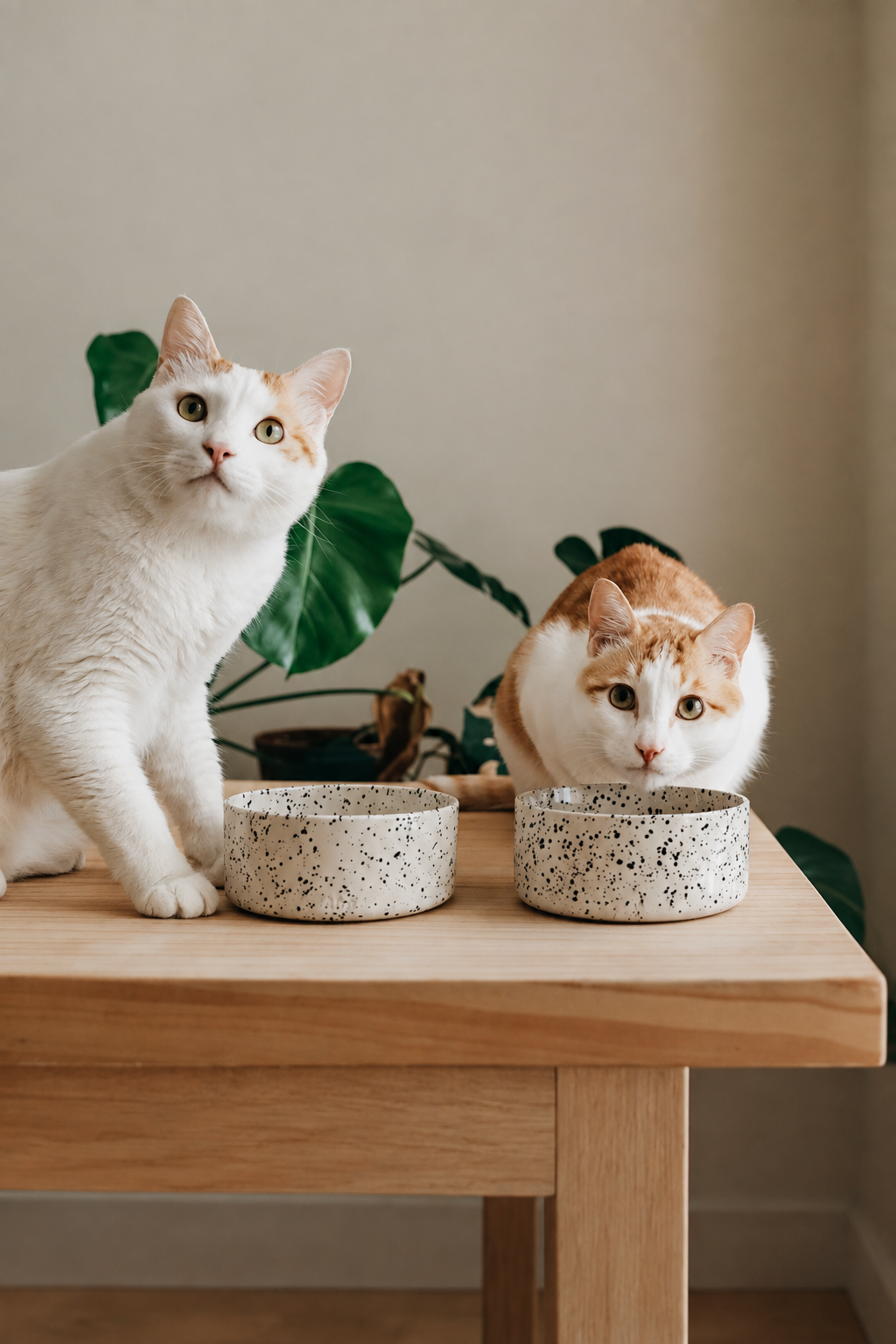 Two cats with speckled bowls in the original setting