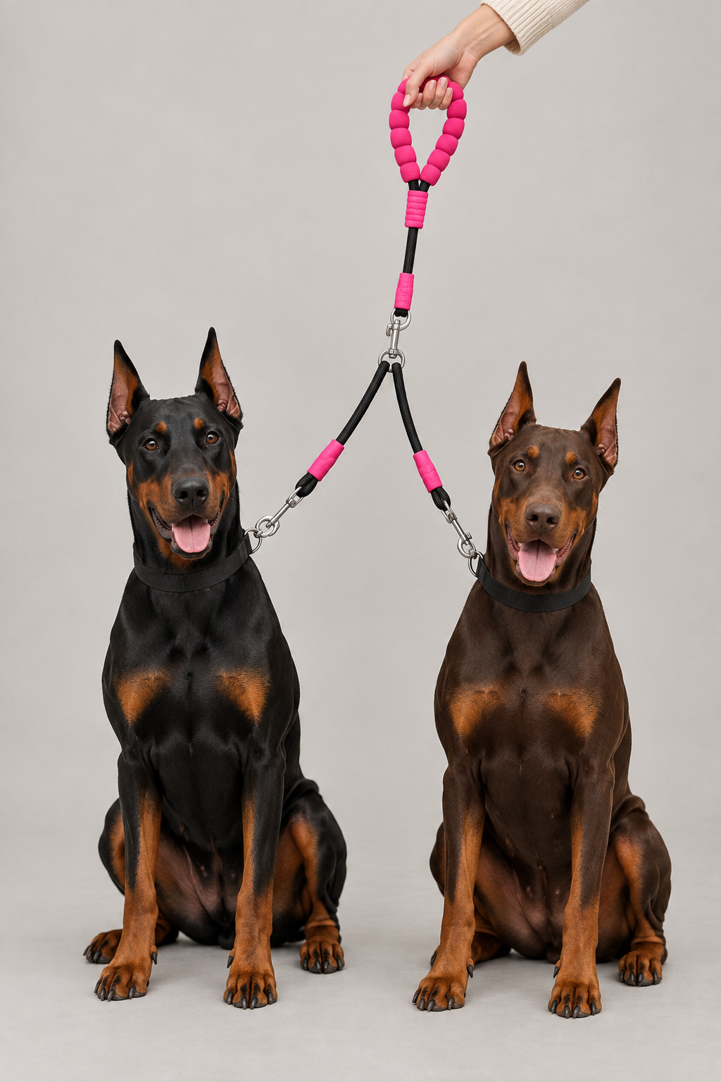 Two dogs connected to the black-and-pink double dog lead in a matching grey studio