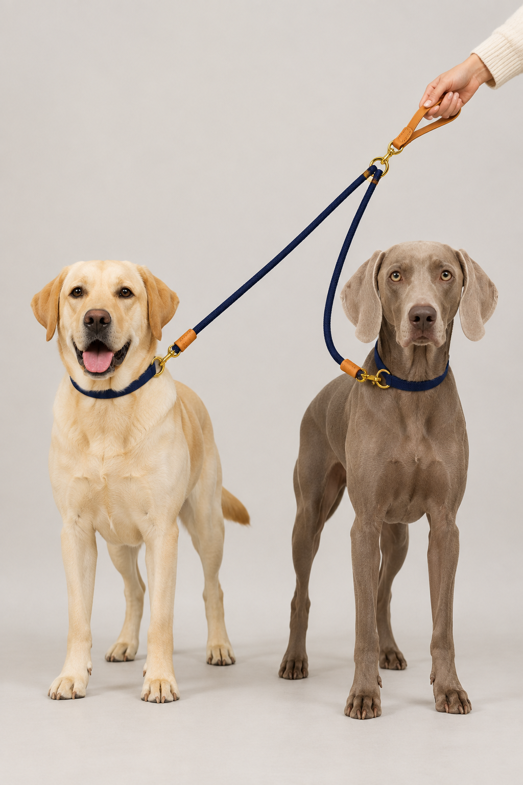 Two dogs on the navy double lead in our grey studio